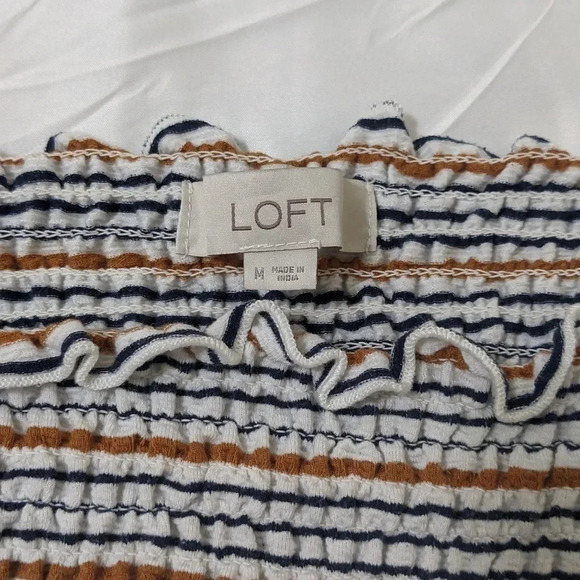 LOFT Striped Square Neck Puff Sleeve Top, Color White/Blue/Yellow Size M - Picture 11 of 13